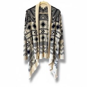 Pink Republic Women Open Front Aztec Cardigan Sweater Cotton Acryli Beige&Navy L